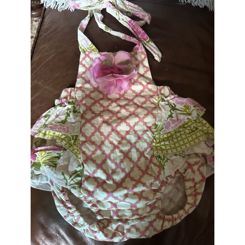 Purr Fect Baby Romper Ruffles Embellished Palm Beach Lilly Vibes Cotton 3-6 Mont